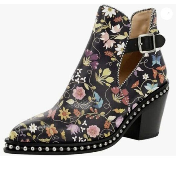 YDN Shoes - YDN Women Studded Mid Chunky Heeled Ankle Booties Pumps Buckle Strap Short Boots